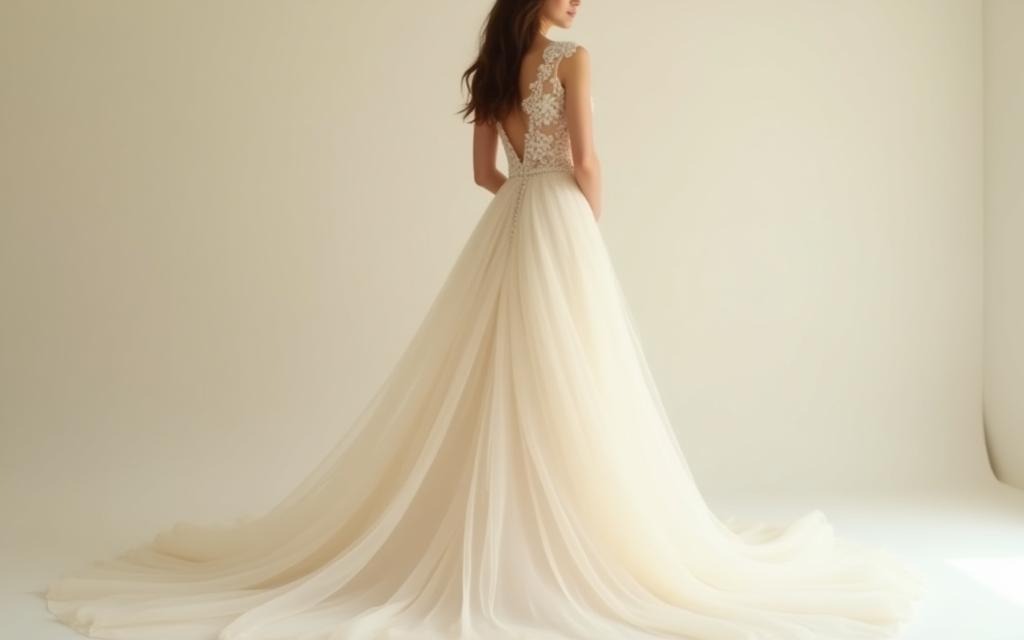 An intricately designed bespoke bridal gown, highlighting delicate lace and flowing silhouette.